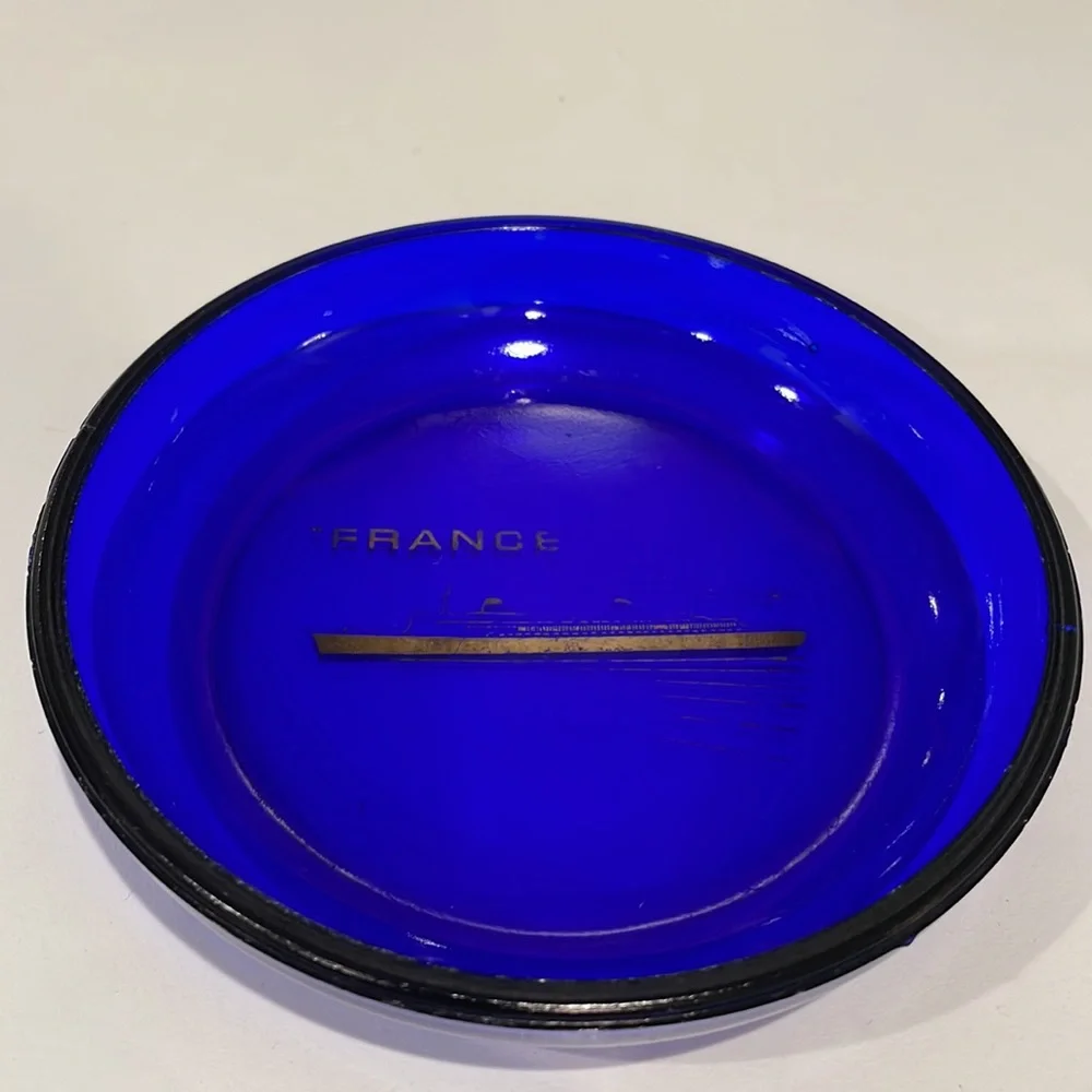 French Ocean Liner SS France Pair of Rare Blue Glass Coasters/Trinket Dishes